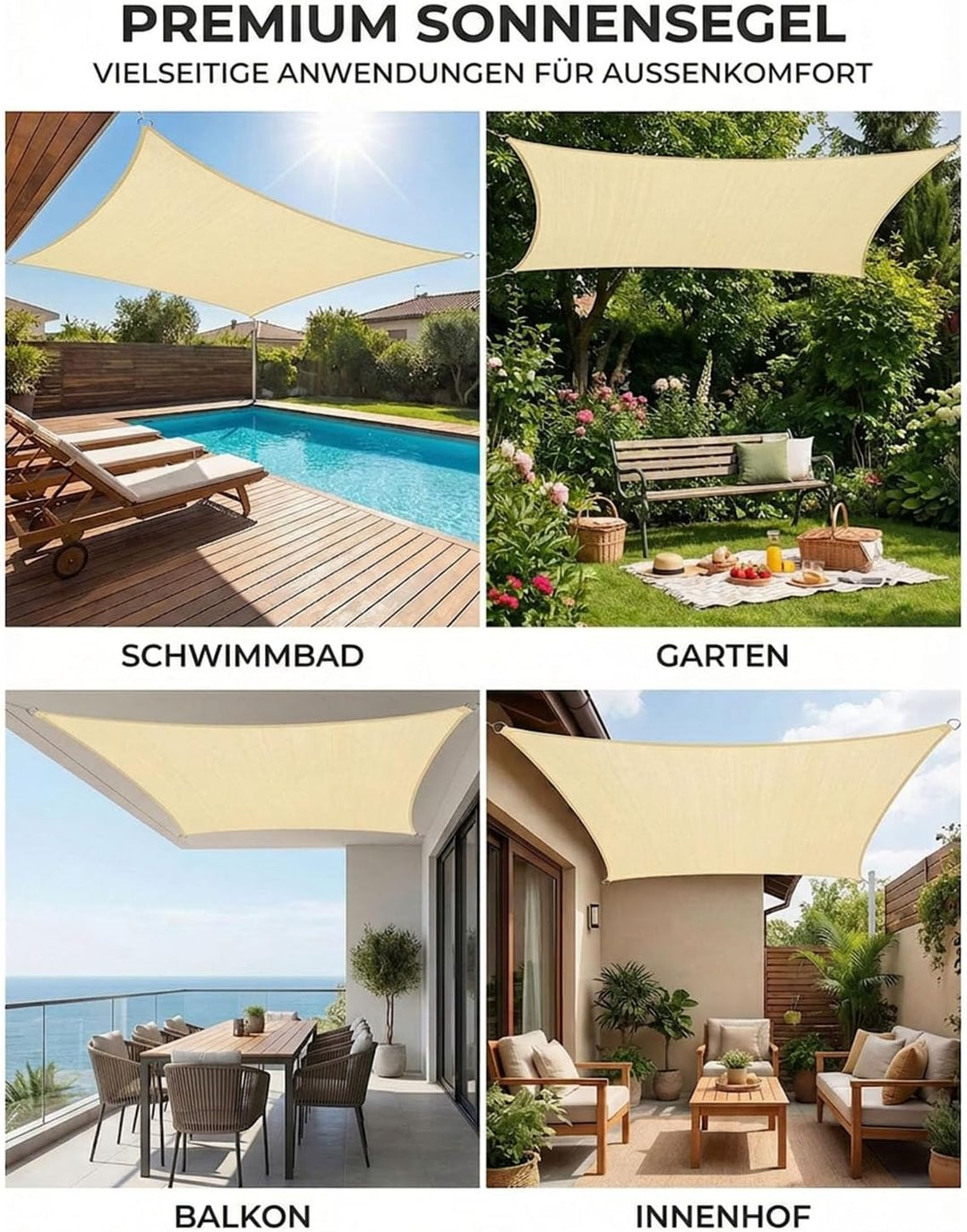 Sonnensegel Rechteckig 2x3m mit Befestigungsset, HDPE Gewebe wasserdicht und reissfest, UV-Schutz, w