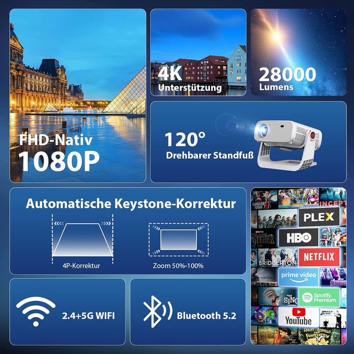 Wielio 2025 Neuer Full HD 1080P Smart Beamer,Integrierte Apps,Android 11,28000 Lumens,4K Unterstützu