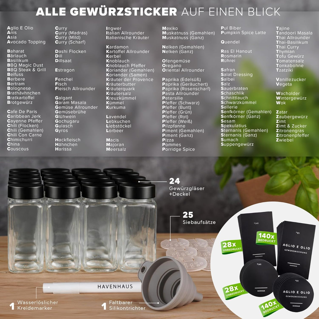Gewürzgläser Set | hochwertiges Komplettset aus 24x Gewürz Gläser [120ml] inkl. 336 deutschen Gewürz