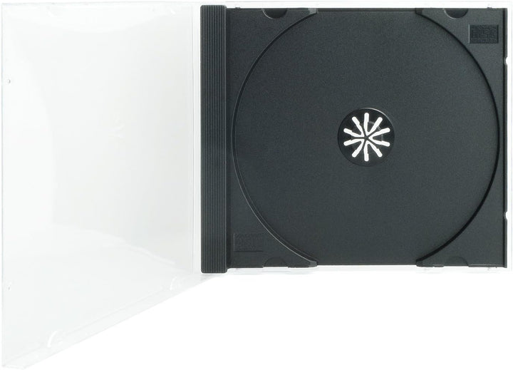 ENERGMiX CD Jewelcase/CD Hüllen/CD Leer Hüllen für 1 CD/DVD, transparent, Tray schwarz (10mm) 100 St