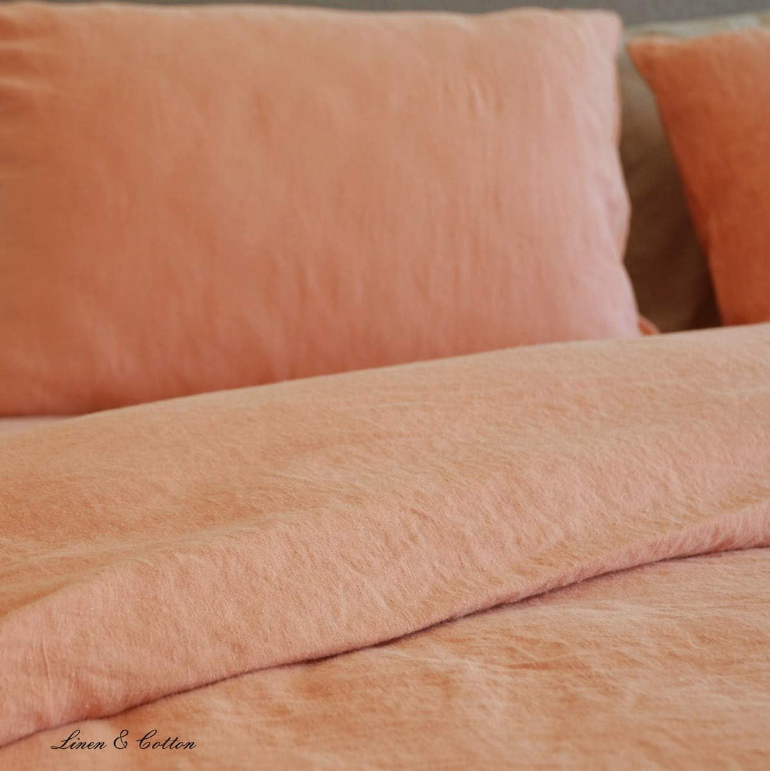 Linen &amp; Cotton Weicher Griff Bettwäsche Set Alicia - 100% Leinen Gewaschen, Coral Rosa (140 x 200 cm