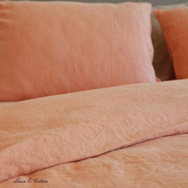 Linen &amp; Cotton Weicher Griff Bettwäsche Set Alicia - 100% Leinen Gewaschen, Coral Rosa (140 x 200 cm