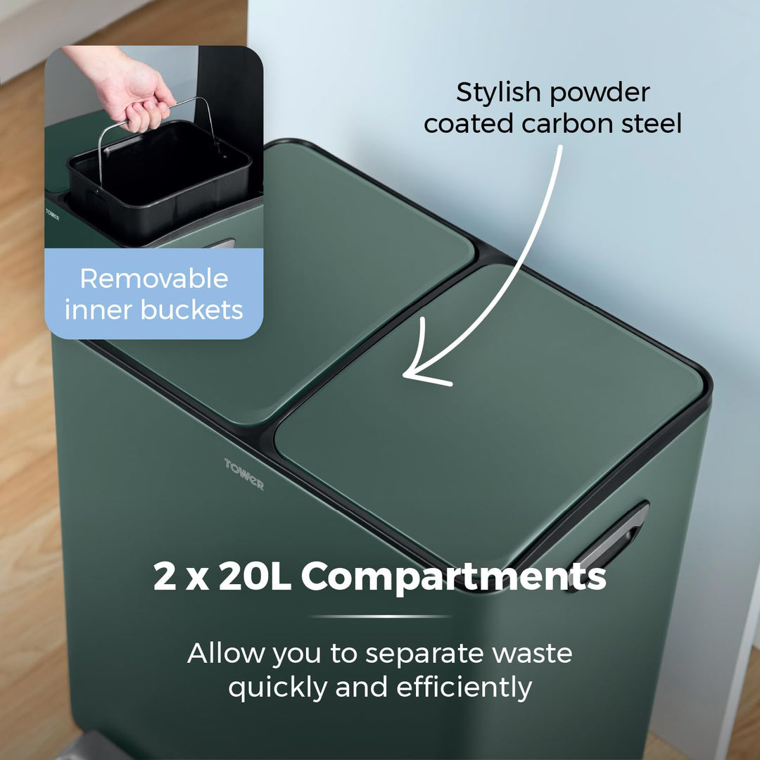Tower T838022FOR Recycling-Treteimer, zwei 20-Liter-Fächer mit herausnehmbaren Inneneimern, Körper a