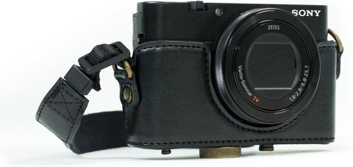 MegaGear MG599 Ever Ready Leder Kameratasche mit Trageriemen für Sony Cyber-Shot DSC-WX500 schwarz,