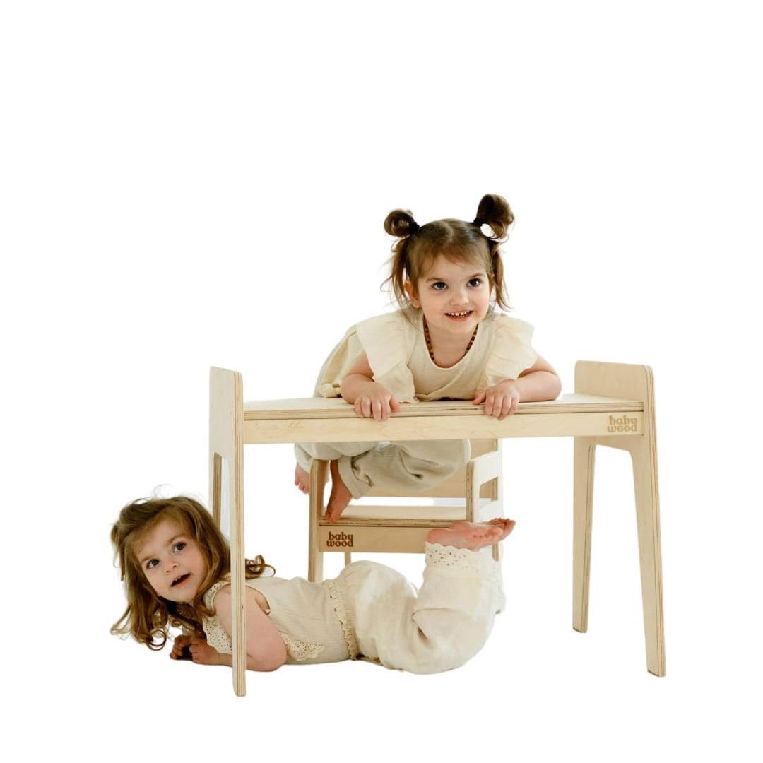 Babywood Tisch und Stuhl für Kinder, Kinderschreibtisch Set mit Stuhl aus Holz, sicherer Spieltisch