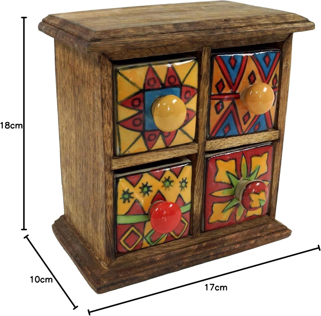 GURU SHOP Apothekerschränkchen mit Bunten Keramik Schubfächern - 2x2 Fächer Modell 1, Braun, 18x17x1