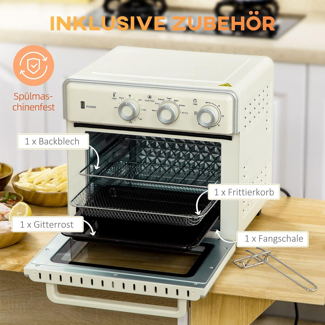 HOMCOM Minibackofen 20L, 5 in 1 Pizza-Ofen inkl. Backblech Set, Frittierkorb, Krümelblech, 1 Std. Ti