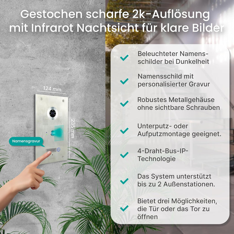 MATHFEL 4 Draht Videotürsprechanlage mit Fingerprint, 170° Weitwinkel-Fischaugen-Kamera in Edelstahl