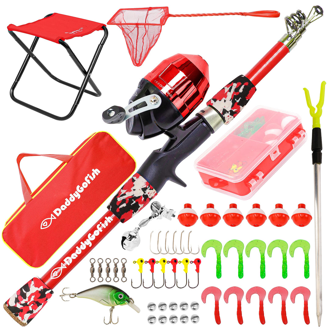 DaddyGoFish Kinder Angelset - Teleskoprute & Rolle Combo mit Klappstuhl, Rutenhalter, Tackle Box, Kö