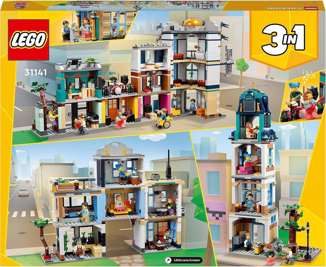 LEGO 31141 Creator 3-in-1 Hauptstrasse zu Art-déco-Hochhaus oder Marktstrasse Modellbau-Set, Konstru