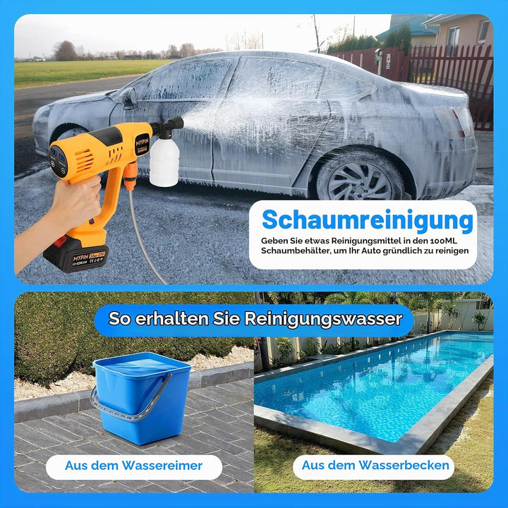 MYPIN Verbesserte LCD-Anzeige Tragbarer kabelloser Hochdruckreiniger, 790 PSI 21V 2 Batterien Druckr