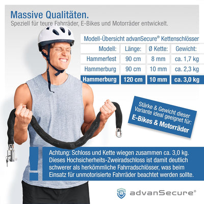 advanSecure® Hochsicherheits-Kettenschloss mit Satteltasche | optimal für Fahrrad und E-Bike | max.