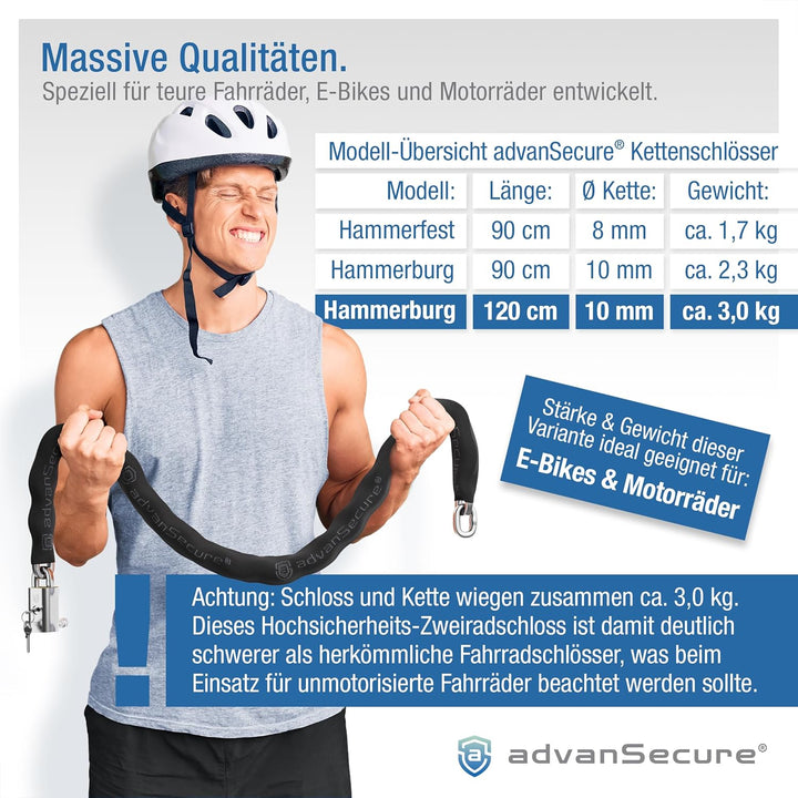 advanSecure® Hochsicherheits-Kettenschloss mit Satteltasche | optimal für E-Bike | max. Sicherheitss