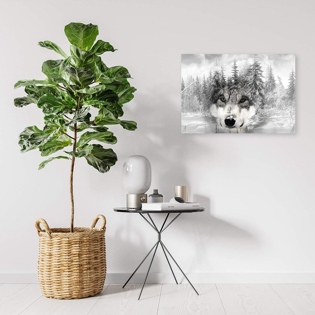 Feeby Leinwandbild XXL Wolf Wandbild Kunst Winter Weiss 120x80 cm Leinwandbild 120x80 cm Weiss_b, Le