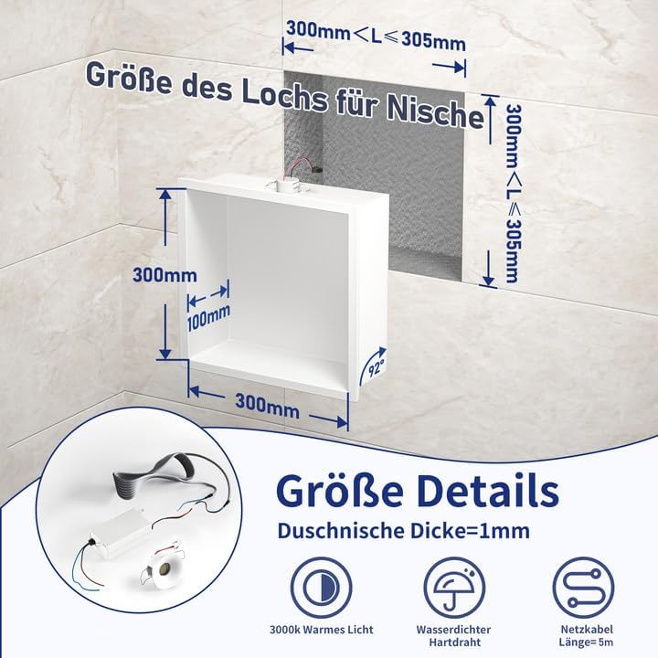 Wandnische Dusche Edelstahl mit LED Downlight, 30 cm x 30 cm, Wasserdicht - Keine Fliesen Erforderli