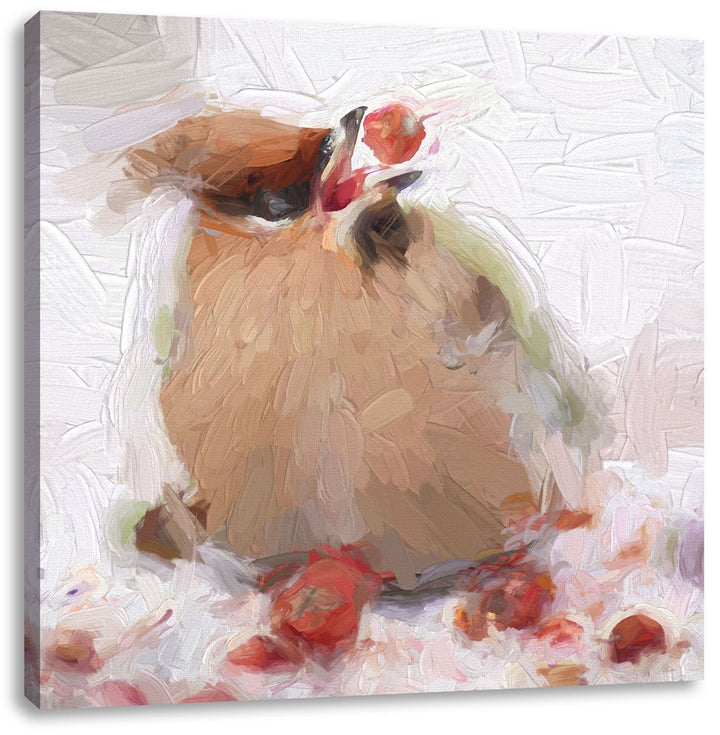 Pixxprint Kleiner Vogel im Schnee Pinsel Effekt, Format: 70x70 auf Leinwand, 70x70