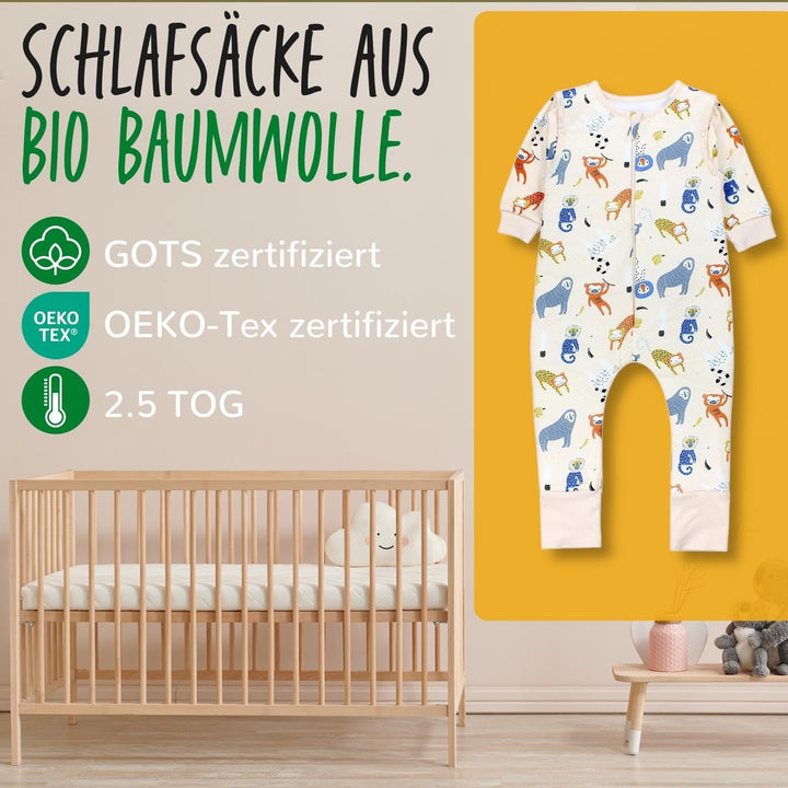 Schlafsack mit Füssen aus Bio-Baumwolle – Baby Schlafsack 2.5 TOG mit Beinen & Ärmeln, OEKO-TEX, Aff
