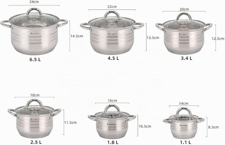 EliteHoff 12-Teilig Induktion Kochtopf-Set, 5-lagig Edelstahl Kochtopf, 6er Set Töpfe mit Deckeln, f
