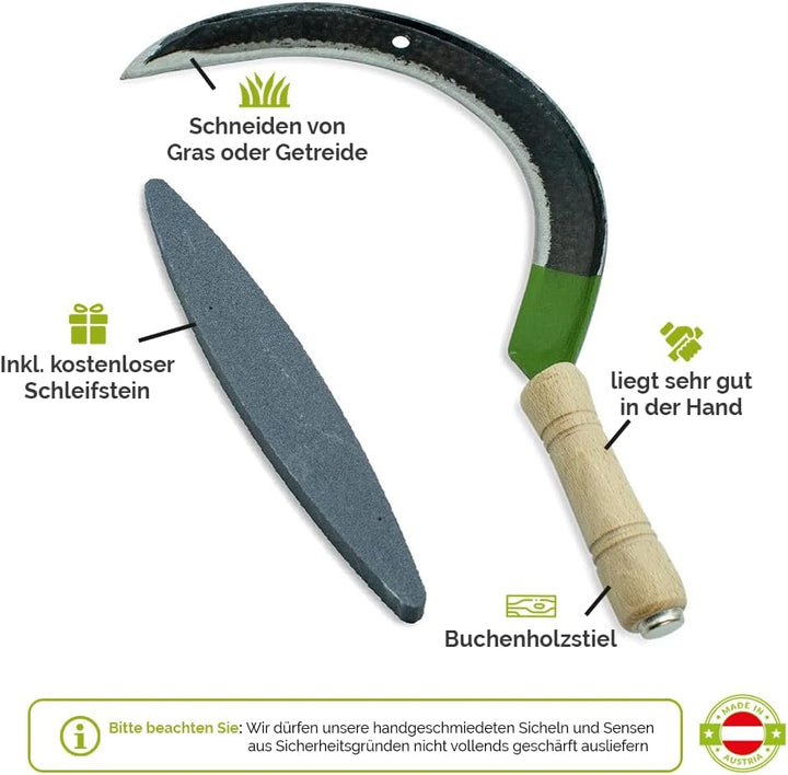 Mondsichel/Blattsichel/Sense inkl. gratis Schleifstein - mit Holzstiel - für Rechtshänder 12 cm Buch