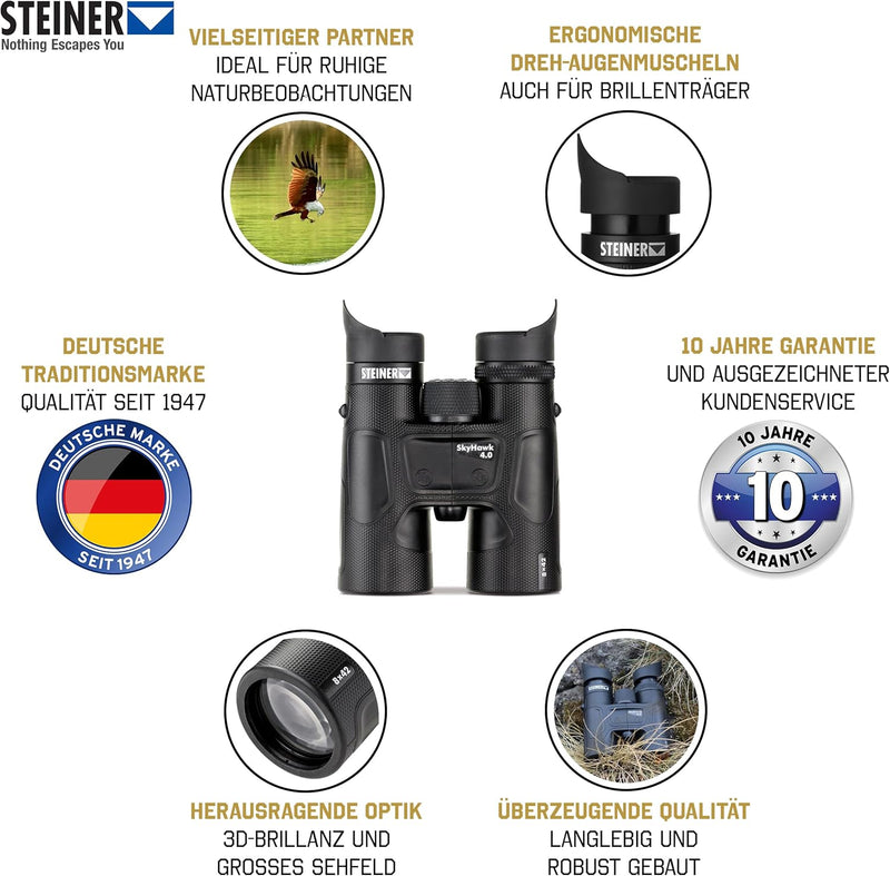 STEINER Fernglas Skyhawk 4.0 8x42 - Deutsche Qualitätsoptik, scharfe Details, robust, grosses Sehfel