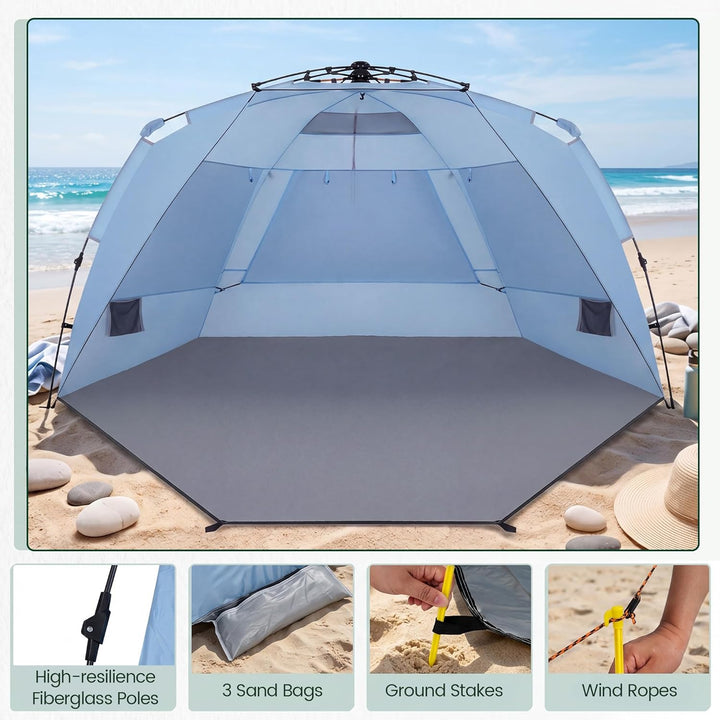 HOMASIS Pop-up Strandmuschel, wetterfestes Strandzelt für 3-4 Personen mit erweiterbarem Boden, Mesh