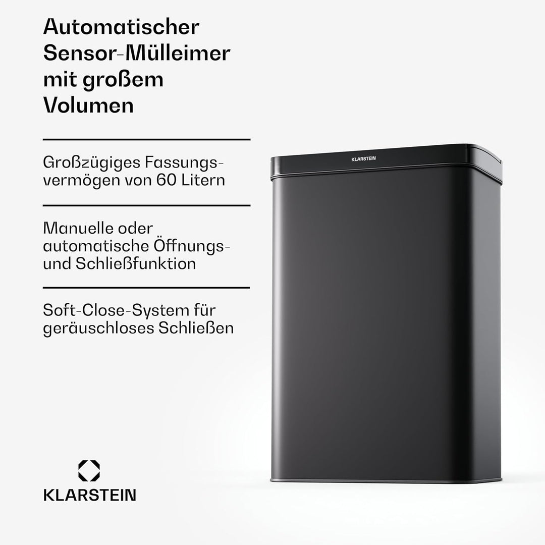 Klarstein Sensor-Mülleimer 60L - berührungslos mit Bewegungssensor & Soft-Close, Edelstahl, Mattschw