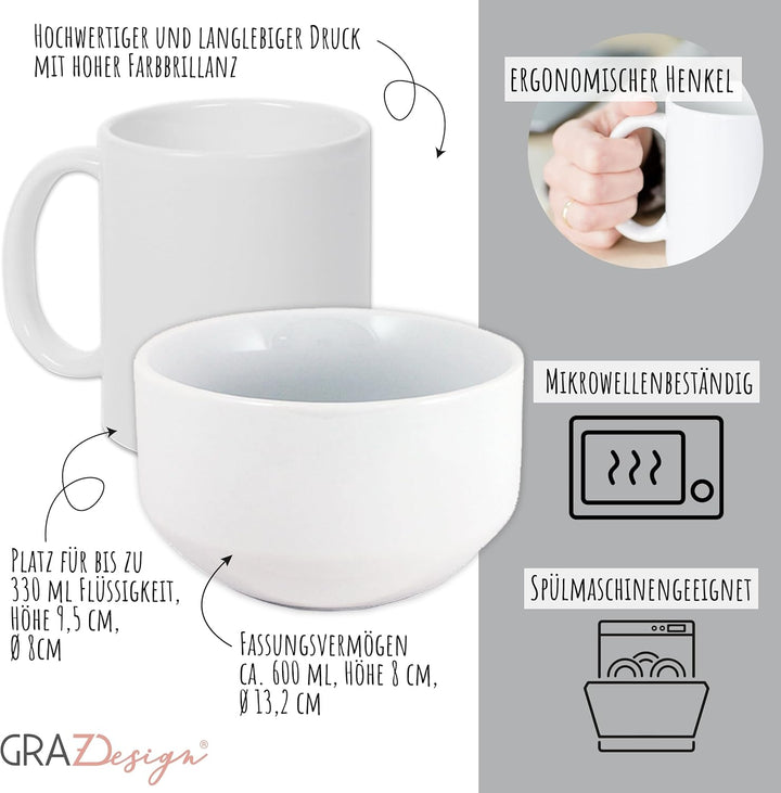 GRAZDesign Frühstückset Tasse mit Müslischale personalisiert für Kinder Eule Motiv aus Keramik - Ges