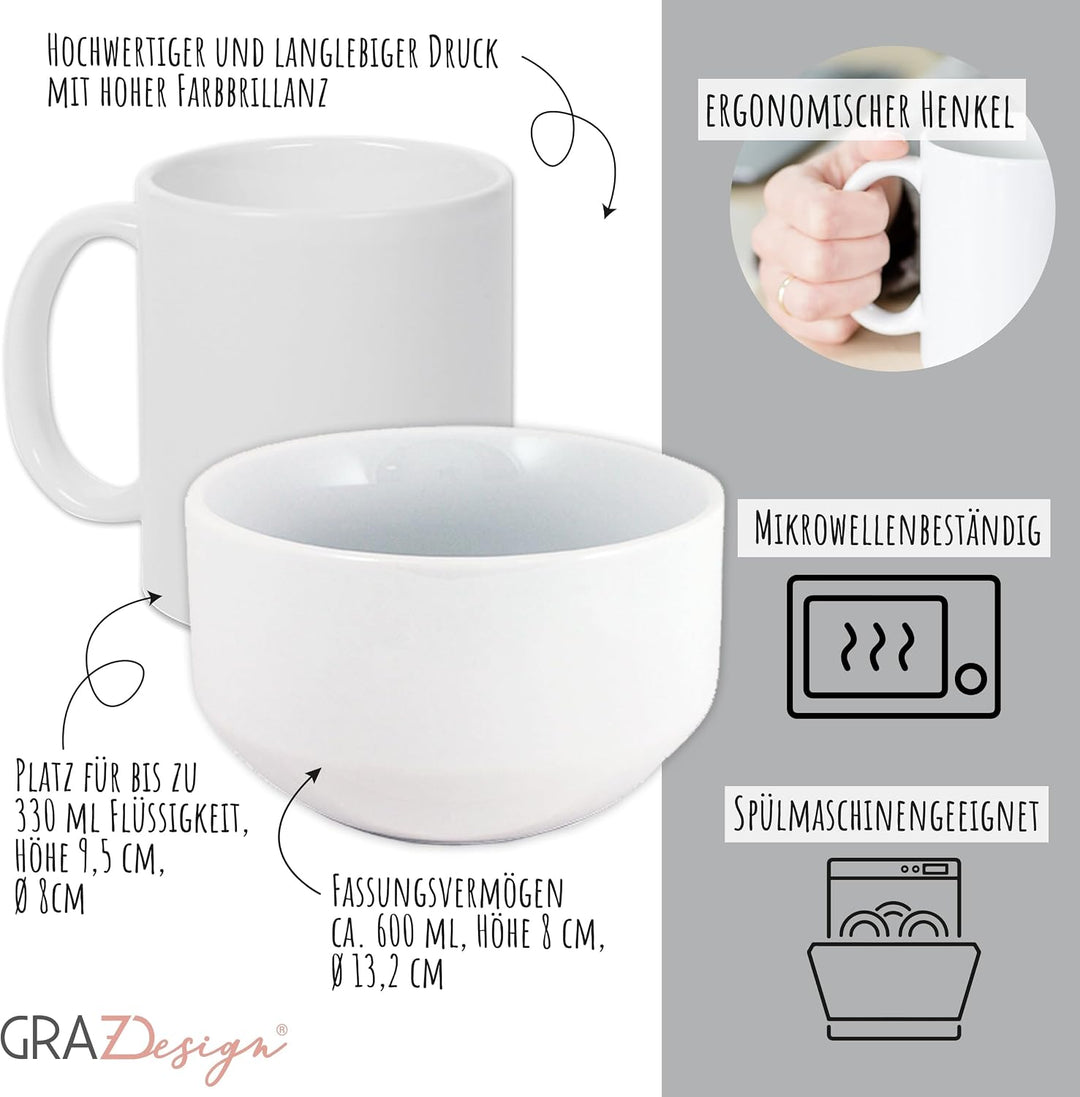 GRAZDesign Frühstückset Tasse mit Müslischale personalisiert für Kinder Pinguin Motiv aus Keramik -