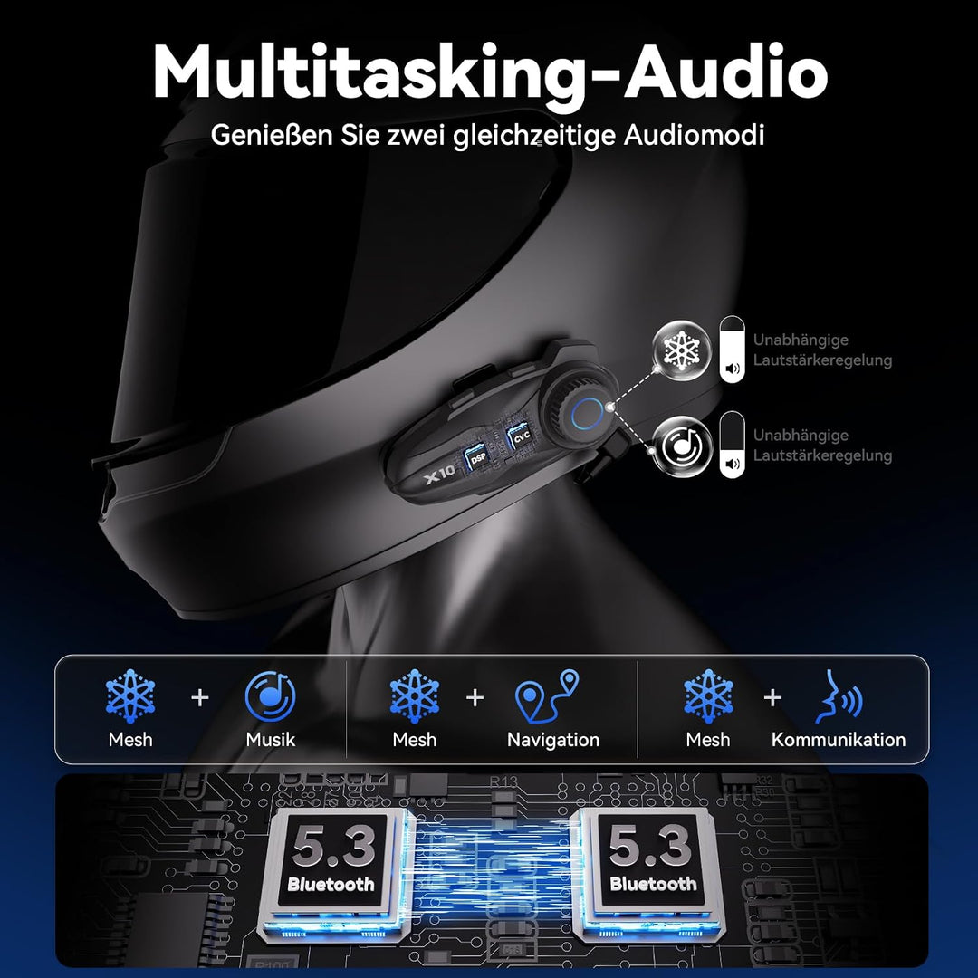 X10 Motorrad Headset Bluetooth, 3000m Mesh Helm Intercom 1-10 Fahrer | Mesh 3.0, Dual Qualcomm Bluet