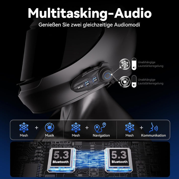 X10 Motorrad Headset Bluetooth, 3000m Mesh Helm Intercom 1-10 Fahrer | Mesh 3.0, Dual Qualcomm Bluet