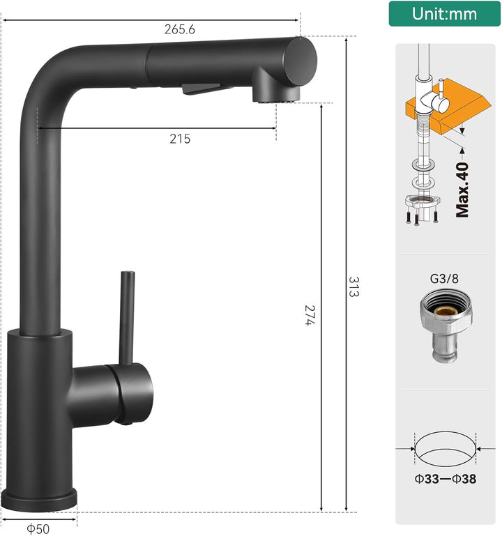 ANYCEE Wasserhahn Küche Schwarz, Hochdruck Küchenarmatur mit Ausziehbar, 360° Schwenkbar Küchenarmat