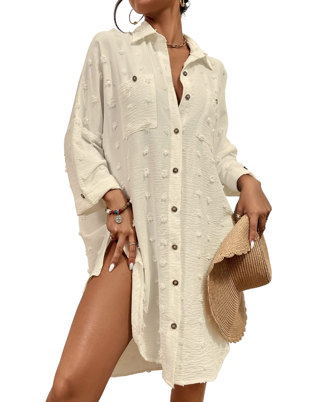 Bsubseach Damen-Badeanzug-Coverup Button-Down-Hemdkleider Swiss Dot Tops J-aprikose, J-aprikose