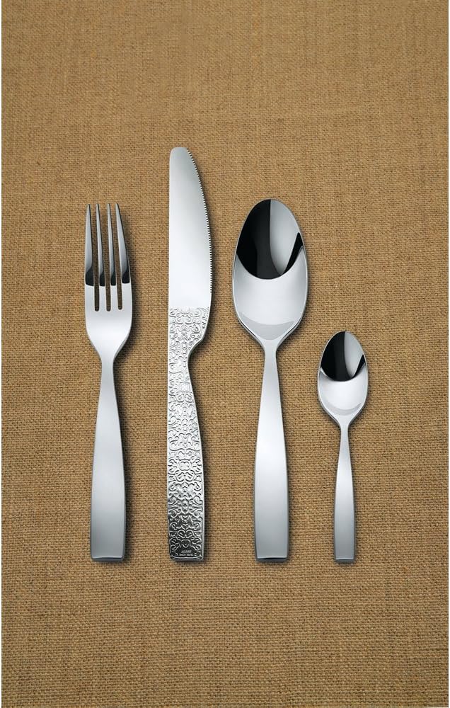 Alessi Dessertmesser in 18/10 Stahl Aisi 420 Hochglanzpoliert mit Reliefdekor, Silber, 3 x 22 x 5,5