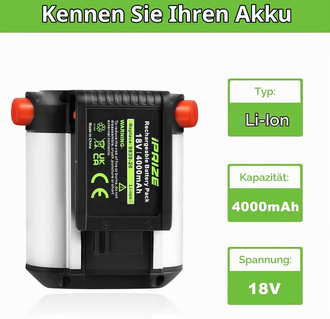 iPrize 18V 4000mAh Li-Ion Ersatzakku für Gardena BLi-18 9840-20 9839-20 Kompatibel mit Gardena 18V W