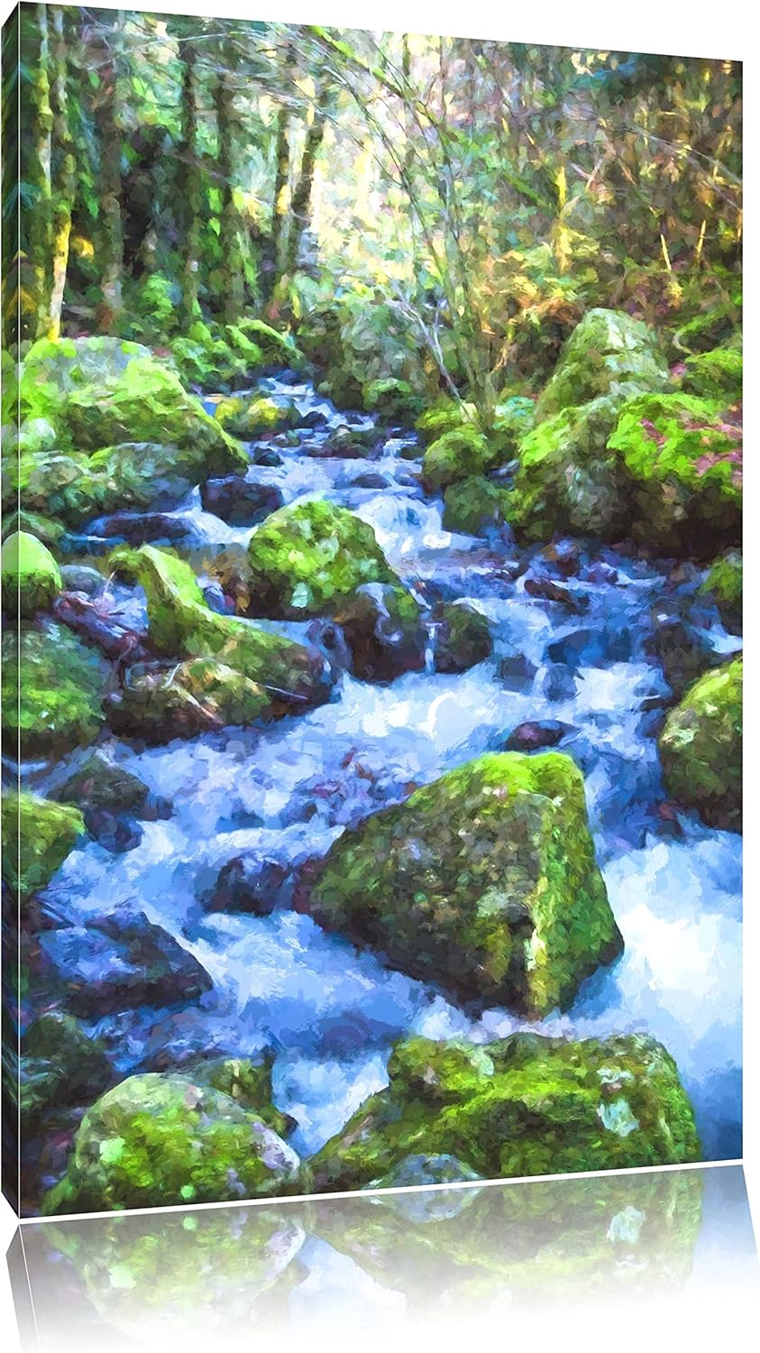 Pixxprint Wilder Bach im Wald als Leinwandbild/Grösse: 100x70 cm/Wandbild/Kunstdruck/fertig bespannt