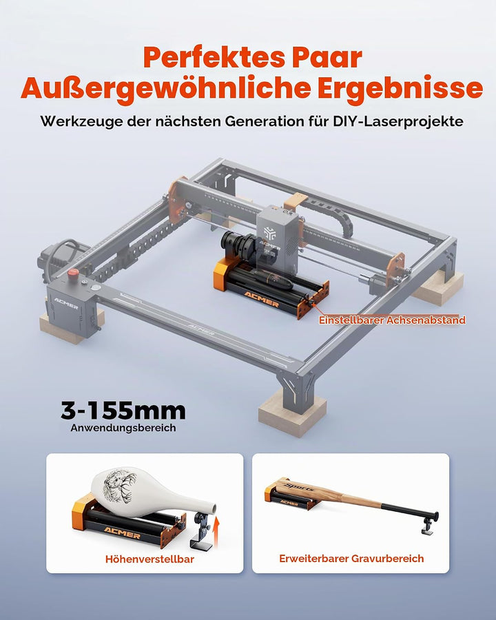 Laser Rotary Roller ACMER M4 Laser-Rotationswalze, 360° Y-Achsen-Drehrolle für Lasergravierer,3-150m