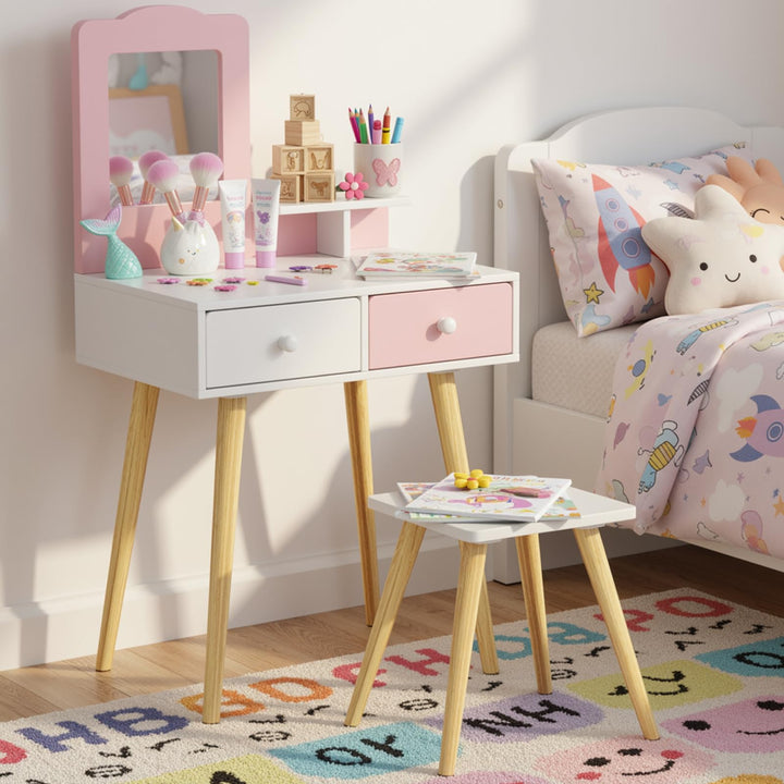 Clevich 2 in 1 Schminktisch Kinder Set, Prinzessin Frisiertisch mit Abnehmbarem Spiegel, 2 Schublade