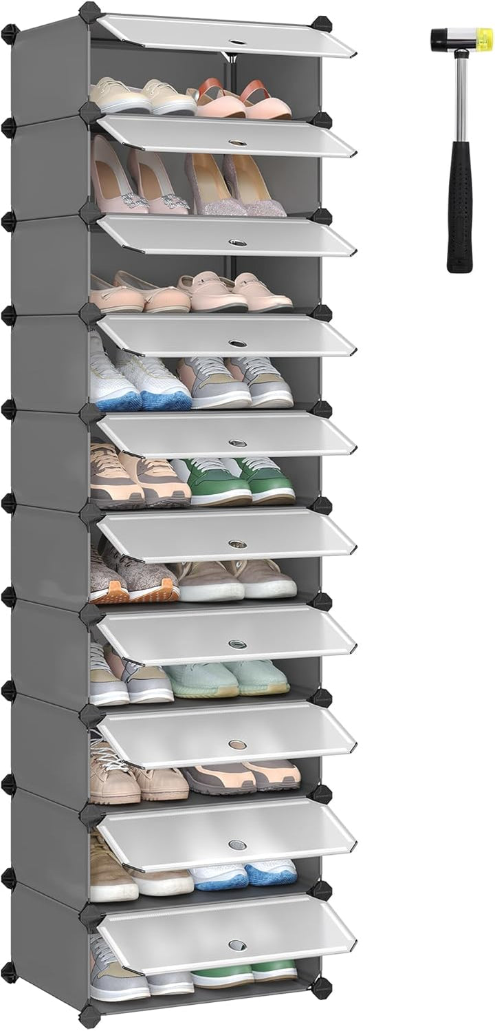 SONGMICS Schuhregal mit 10 Ebenen, Steckregal, Regalsystem, Schuh-Organizer, DIY-Regal, mit Tür, aus