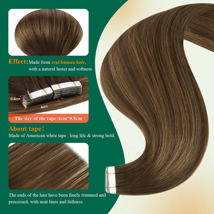 Easyouth Adhesive on Extension Haar Extensions Tape Echthaar 24 Zoll 50g Farbe Dunkelbraune Mischung