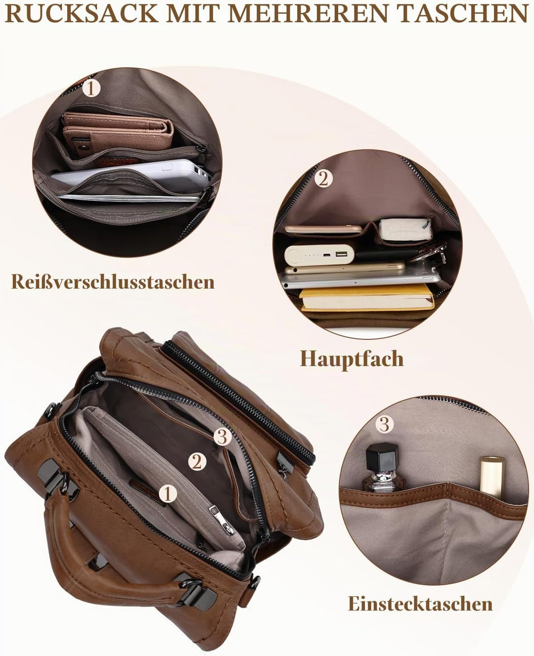 RAVUO Damen Rucksack,PU Leder Rucksack Mode Rucksäcke Rucksackhandtaschen Schulrucksäcke Reise Daypa