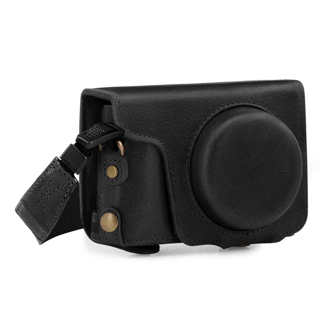MegaGear Panasonic Lumix DC-TZ100, TZ200 Ever Ready Echtleder Kamera-Case mit Trageriemen - Schwarz,