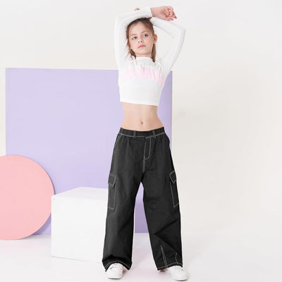 Rolanko Mädchen Cargohose, Baumwoll Baggy Hose mit Elastischer Taille und Mehreren Taschen für Kinde