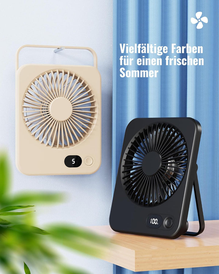 Tischventilator Kleiner - USB Ventilator mit 5 Stufen, 180° verstellbar, Ultra-Slim 3,8 cm, LED-Disp
