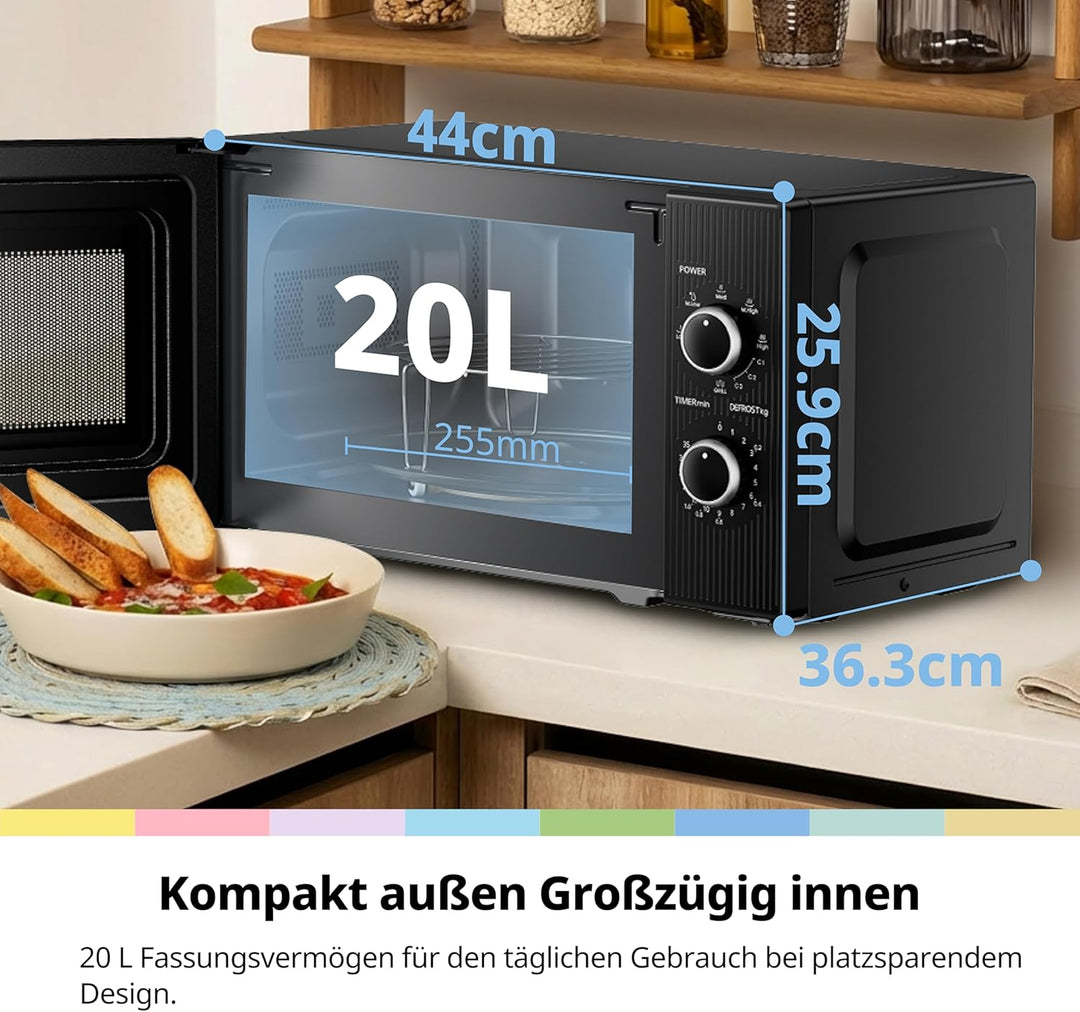 COMFEE' CMO-MG202NC(BK) Mikrowelle mit Grill, 20 Liter, Mikrowelle 700 W, Grill 1000 W, 5 Leistungss
