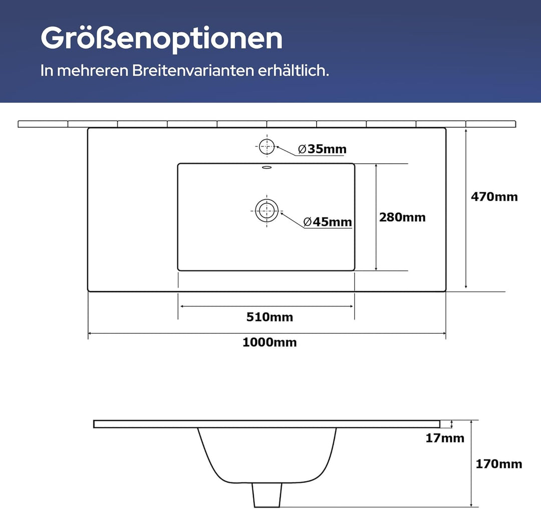 VILSTEIN Keramik Einbau-Waschbecken, 100cm, Weiss, Mit Überlauf, Einsatz-Waschbecken, Waschtisch 100