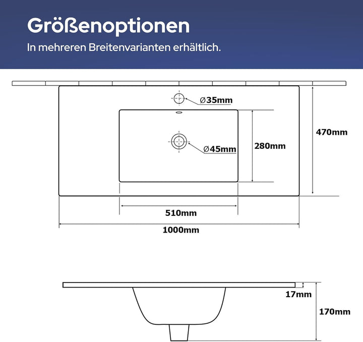 VILSTEIN Keramik Einbau-Waschbecken, 100cm, Weiss, Mit Überlauf, Einsatz-Waschbecken, Waschtisch 100