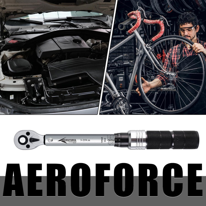 AEROFORCE Drehmomentschlüssel-Set 1/4-Zoll 19tlg (5,0-25,0 Nm) mit Dual-Richtungsumkehr, einstellbar