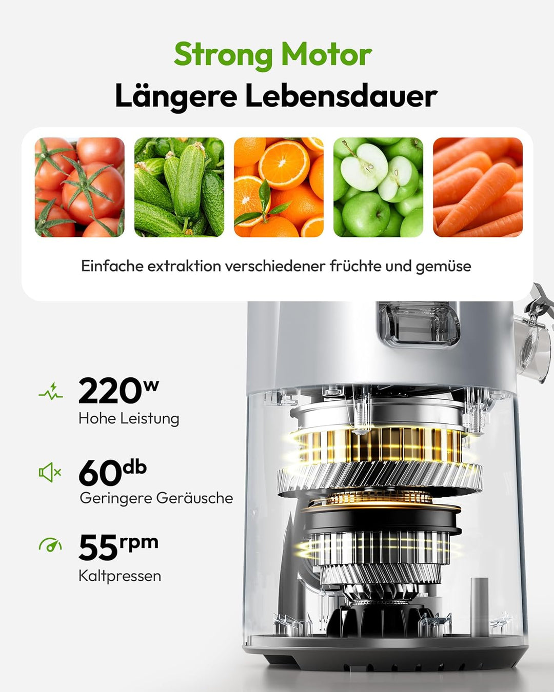 EUHOMY Entsafter, Slow Juicer für Ganze Gemüse und Obst, 135 mm grossem Einfüllschacht 1,8 L Füllvol