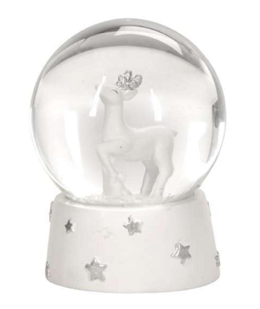 dekorative nostalgische Schneekugel mit weissem Hirsch mit silbernem Glitzergeweih und Glitzerschnee