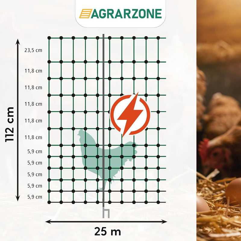 Agrarzone Geflügelnetz Geflügelzaun mit Strom orange 25m x 112cm | Elektrozaun Elektronetz mit Doppe